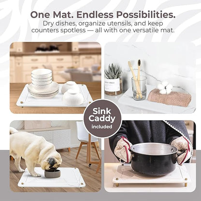 Stone Drying Mat for Kitchen Counter + Sink Caddy | 15.7"x11.8" Diatomaceous Earth Drying Mat with Stainless Steel Feet | Heat Resistant to 450°F | Eco-Friendly Dish Drying Stone for Kitchen Counter