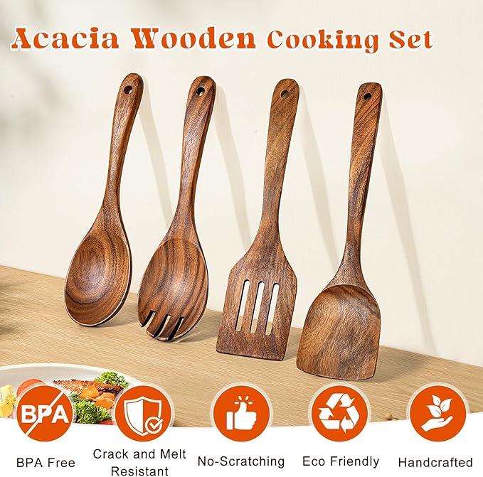 4Pcs Wooden Spoons for Cooking, Acacia Wood Kitchen Utensils Set for Nonstick Pans, Smooth Finish Cooking Utensils with Long Handle, Wooden Spatula for Cooking, Mixing, Baking - Image 2