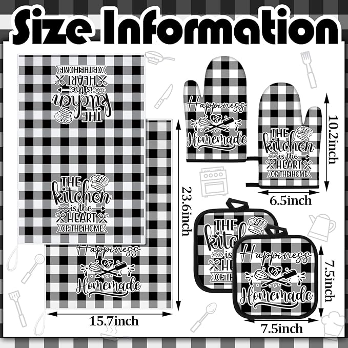 Sratte 6 Pcs Kitchen Decor Accessories Set Farmhouse Towels Pot Holders Oven Mitts Set 2 Dish Towels 2 Potholders 2 Cooking Mittens Oven Glove for Christmas Baking Cooking Supply(Black White,Kitchen) - Image 4