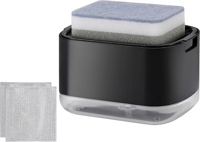 Kitchen Dish Soap Dispenser with Sponge Holder, 2-in-1 Countertop Soap Pump Dispenser, Soap Dispenser for Kitchen Sink with 2-Packs Wire Dishwashing Rag,Black by Unknown