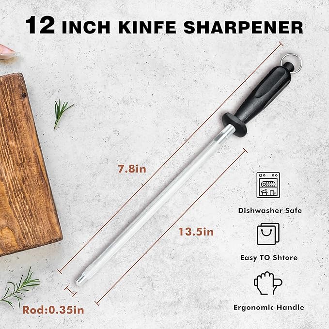 Knife Sharpener Rod, Kitchen Knives Sharpener Carbon Steel Professional Knife Sharpening Steel, Honing Rod with Hanging Holes (13 inches) - Image 5