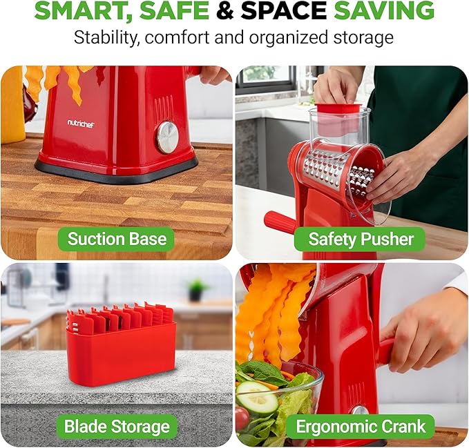 NutriChef 5 in 1 Cheese Grater & Shredder | 5 Different Blades for Thin, Thick, Julienne Strips, Wavy, & Straight Strips | Includes Hand Crank, Strong Suction Base & Storage Container | Red - Image 7