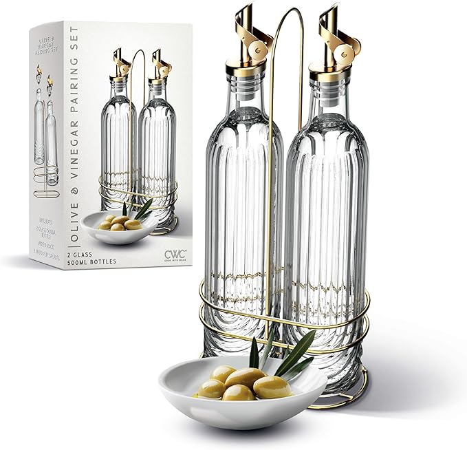 COOK WITH COLOR Glass Olive Oil Bottle Dispenser - 2 Pack- 17oz Oil and Vinegar Cruet - Olive Oil Carafe Decanter for Kitchen, Elegant Fluted, Clear by CookwithColor