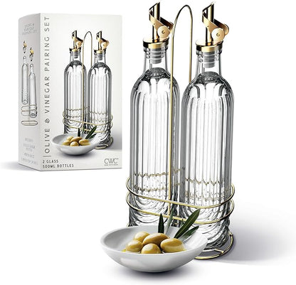 COOK WITH COLOR Glass Olive Oil Bottle Dispenser - 2 Pack- 17oz Oil and Vinegar Cruet - Olive Oil Carafe Decanter for Kitchen, Elegant Fluted, Clear by CookwithColor