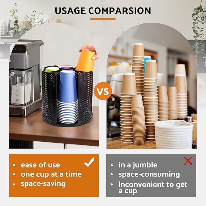Rotating Paper Cup Dispenser, Cup Holder with 4 Compartments, Disposable Coffee Cup Dispenser Removable, Plastic Cup Storage & Lid Holder for Countertops, Kitchen, Coffee Stations (Black) - Image 3