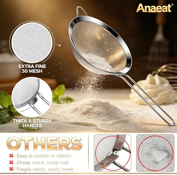 Anaeat Fine Mesh Strainers - Premium Stainless Steel Colander Sieve Sifters, with Durable Mesh and Sturdy Handle, Excellent for Sifting Dry ingredients, Flour, Pastas, Rice, Tea (8.67"）