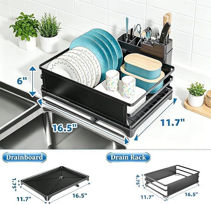 Simple Trending Dish Drying Rack, Space-Saving Large Dish Rack for Kitchen Counter, Anti-Rust Dish Drainer with Cutlery & Cup Holders, Black - Image 3