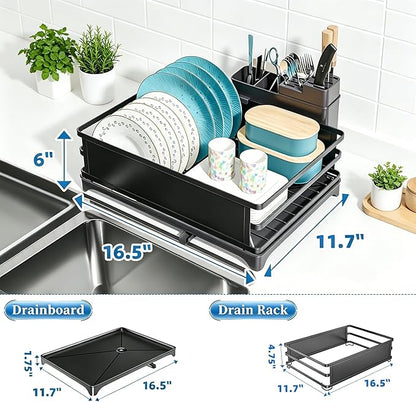 Simple Trending Dish Drying Rack, Space-Saving Large Dish Rack for Kitchen Counter, Anti-Rust Dish Drainer with Cutlery & Cup Holders, Black - Image 3