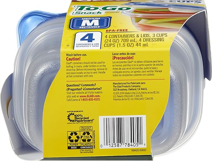Glad GladWare To Go Snack Food Storage Containers with Lids, Medium Rectangle No BPA Plastic with Built-In Dressing Cup for Salads and Snacks, Microwave Dishwasher Safe, 24 Oz, 4 Count - Image 3
