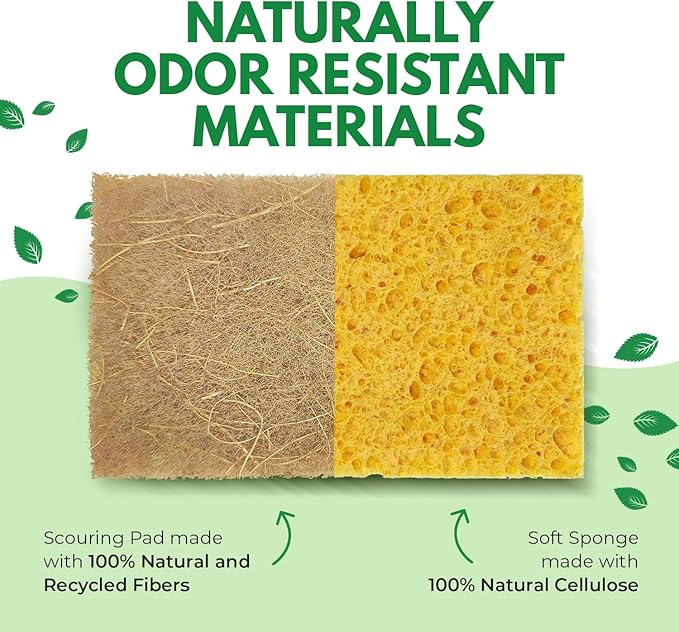 AIRNEX Natural Kitchen Sponges Pack of 18 - Biodegradable Cellulose and Coconut Husk Walnut Scrubbers - Odor Free Non Scratch - Eco Friendly Quick Drying Dishwashing Sponges - Image 4