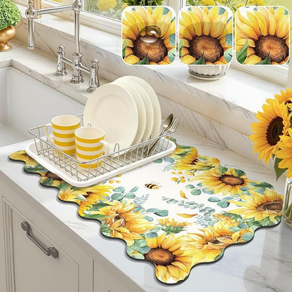 LOKHOM Scalloped Floral Dish Drying Mat, 12"x20" Super Absorbent Coffee Mat with Watercolor Yellow Sunflowers, Cuttable Hide Stain Non-slip Drying Mat for Kitchen Counter Coffee Maker Espresso Machine by LOKHOM