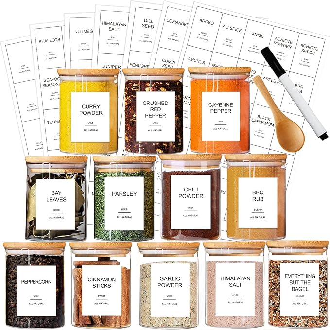 GPOVVIMX 12 Pcs Glass Spice Jars with Bamboo Airtight Lids and 191 Labels - 8.5oz Small Food Storage Containers for Kitchen, Seasoning, Coffee, Herb - Spoon and Marker Included by GPOVVIMX