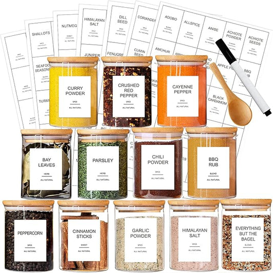 GPOVVIMX 12 Pcs Glass Spice Jars with Bamboo Airtight Lids and 191 Labels - 8.5oz Small Food Storage Containers for Kitchen, Seasoning, Coffee, Herb - Spoon and Marker Included by GPOVVIMX