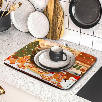 Christmas Dish Drying Mat for Kitchen Counter 16x18 Santa Claus Gingerbread Winter Xmas Holiday Themed Absorbent Reversible Microfiber Drying Mats Kitchen Countertop Protector Dishes Drainer Rack Pad - Image 5