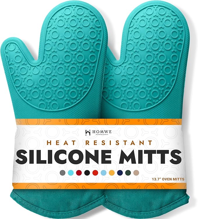 BPA-Free Soft Silicone Oven Mitts - Ultra Heat Resistant Oven Mitts with Thick Cotton Liner - Long Slip Resistant Pot Holders, Flexible Oven Gloves - Turquoise 13.7" by HOMWE