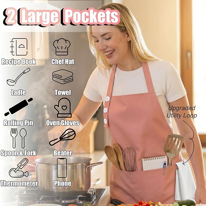 TOSHE Kitchen Apron Waterdrop Resistant Cotton Apron with adjustable Aprons for Women with Pockets 10 Color option Cooking Powder Pink Apron (Powder Pink) - Image 2