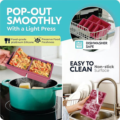 Silicone Freezer Trays with Lids, 2 Cup & 1 Cup Soup Container Style Ice Cube Trays, Easily prepare portioned meals, Great for storing soups, leftovers, sauces and other dishes, Dishwasher, Oven Safe