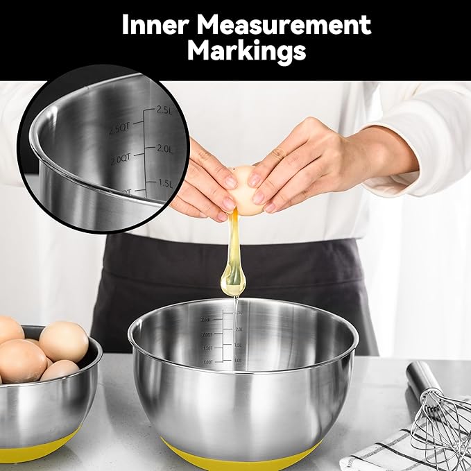 KITEISCAT Stainless Steel Mixing Bowls with Lids – Set of 5 Large Nesting Metal Bowls for Kitchen, Baking, Cooking, Food Prep & Storage, Non-Slip Base, Dishwasher Safe,Yellow - Image 5