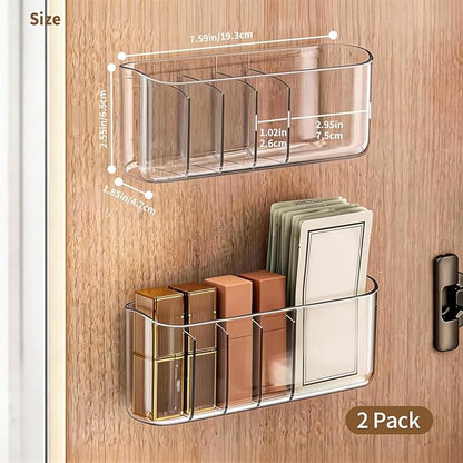PAVSTINE 2 Pack Adhesive Medicine Cabinet Organizer, Clear Wall Mounted Makeup Storage Shelves for Bathroom Vanity, No Drilling Narrow Organizers for Door Cabinet, 5 Compartment