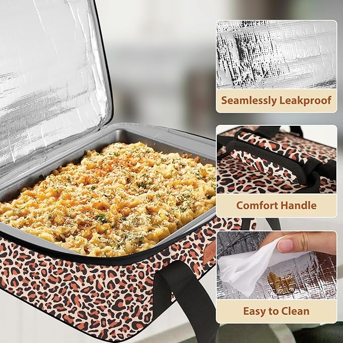 Insulated Casserole Carrier Bag, Expandable Thermal Food Carrier Insulated Travel Carry Bag for Hot or Cold Food for Picnic Cookouts Potluck Parties Fits 9" x 13" Baking Dish (Leopard)
