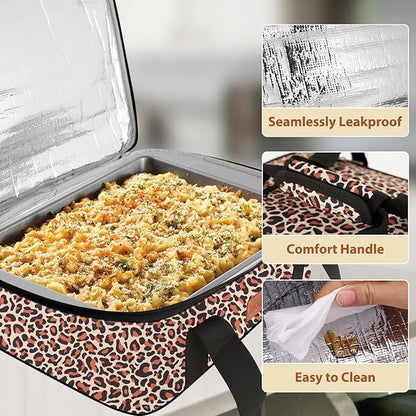 Insulated Casserole Carrier Bag, Expandable Thermal Food Carrier Insulated Travel Carry Bag for Hot or Cold Food for Picnic Cookouts Potluck Parties Fits 9" x 13" Baking Dish (Leopard)