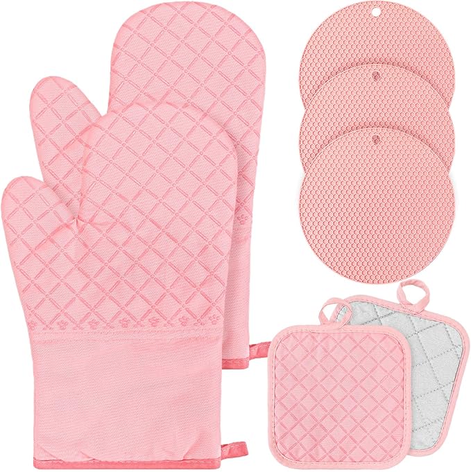 Sumind Pink Oven Mitts and Pot Holders 7 Sets, Heat Resistant Kitchen Gloves Pads Potholders for Mother Women Gifts Pot Holders Kitchen Accessories Gift(Pink,Rubber Cotton,Honeycomb) by Sumind