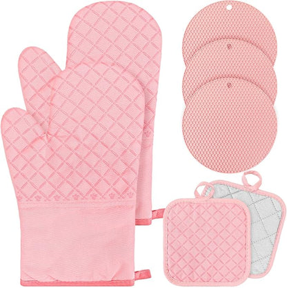 Sumind Pink Oven Mitts and Pot Holders 7 Sets, Heat Resistant Kitchen Gloves Pads Potholders for Mother Women Gifts Pot Holders Kitchen Accessories Gift(Pink,Rubber Cotton,Honeycomb) by Sumind