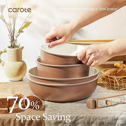 CAROTE 25-Piece Ceramic Cookware Set, Nonstick Pots and Pans Set with Detachable Handle, Non-Toxic Kitchen Cooking Set, Dishwasher & Oven Safe, Induction Compatible, PFAS Free, Chocolate - Image 6