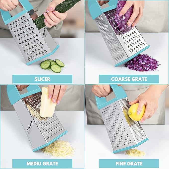 Urbanstrive Cheese Grater With Container, Professional Cheese Grater with Handle, Stainless Steel Graters for Kitchen Handheld, Box Grater with 4 Sides for Vegetables, Ginger, Potatoes (Blue) - Image 3
