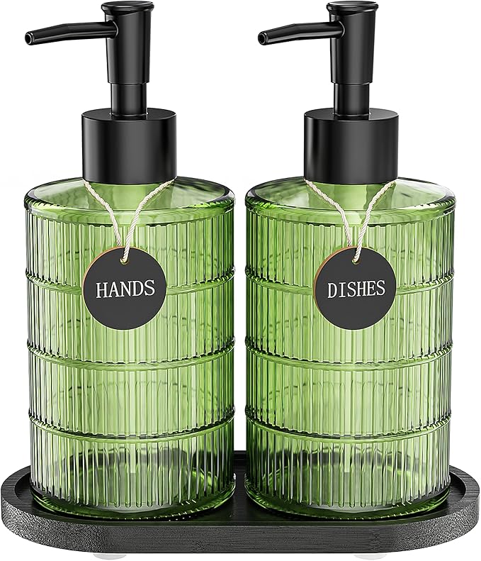 MASADI Soap Dispenser Set with Bamboo Tray, Dish and Hand Soap Lotion Dispenser Set with Wooden Pump for Kitchen and Bathroom Decor for Counter, Modern Vintage Liquid Soap Dispensers (Green&Black) by masadi