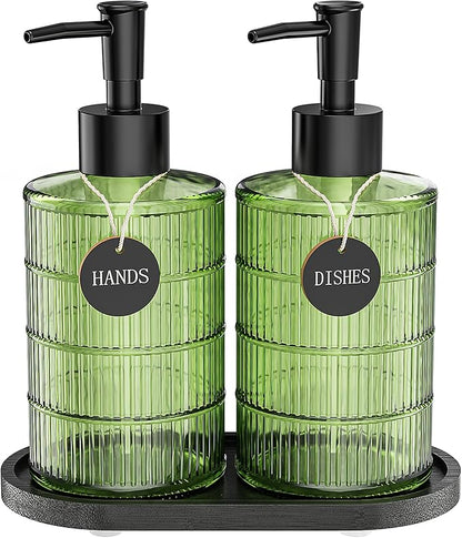 MASADI Soap Dispenser Set with Bamboo Tray, Dish and Hand Soap Lotion Dispenser Set with Wooden Pump for Kitchen and Bathroom Decor for Counter, Modern Vintage Liquid Soap Dispensers (Green&Black) by masadi