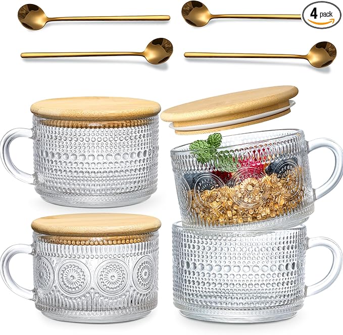 LANDNEOO 4pcs Set Vintage Coffee Mugs gifts for women, Overnight Oats Containers with Bamboo Lids and Spoons - 14oz Clear Embossed Glass Cups, Cute Coffee Bar Accessories, Iced Coffee Glasses by MakeLifeBetterEasier