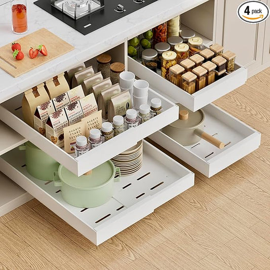 PAKETA 4 Pack Expandable Pull Out Cabinet Organizer, 21'' Deep Pull Out Drawers for Cabinet, Upgrade 3 Slide Rails Sliding Drawers for Cabinets with Adhesive Nano Film (White, 21"D X 9-14"W) by Unknown