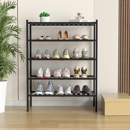 ROMGUAR CRAFT 5 Tier Bamboo Shoe Rack for Closet Free Standing Wood Shoe Shelf for Entryway Small Space Stackable 27"x11"x33" (Black) - Image 2
