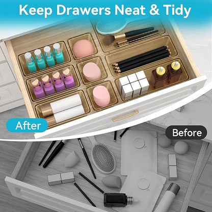 ElegantArray 12 PCS Drawer Organizer Set, 4 Sizes Tool Storage Trays, Clear Plastic Makeup Vanity Organizer and Storage Bins for Stationeries, Multiple Gadgets for Office, Bedroom, Champagne - Image 3