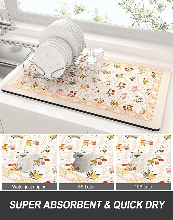 Rnivvi Dish Drying Mat for Kitchen Counter, 12 x 19" Cute Flower Theme Super Absorbent Draining Pad, Non-Slip Heat Resistant Coffee Bar Mat for Coffee Machine Station Accessories, Beige Dish Rack Pad - Image 3