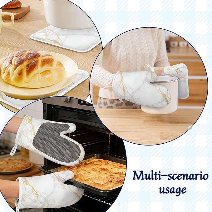 White Gold Marble Pot Holders and Oven Mitts Set Silicone Abstract Marble Kitchen Gloves Potholders Heat Resistant Washable,Chef Cooking Baking Gifts for Women Men Bakers Lover Cooks