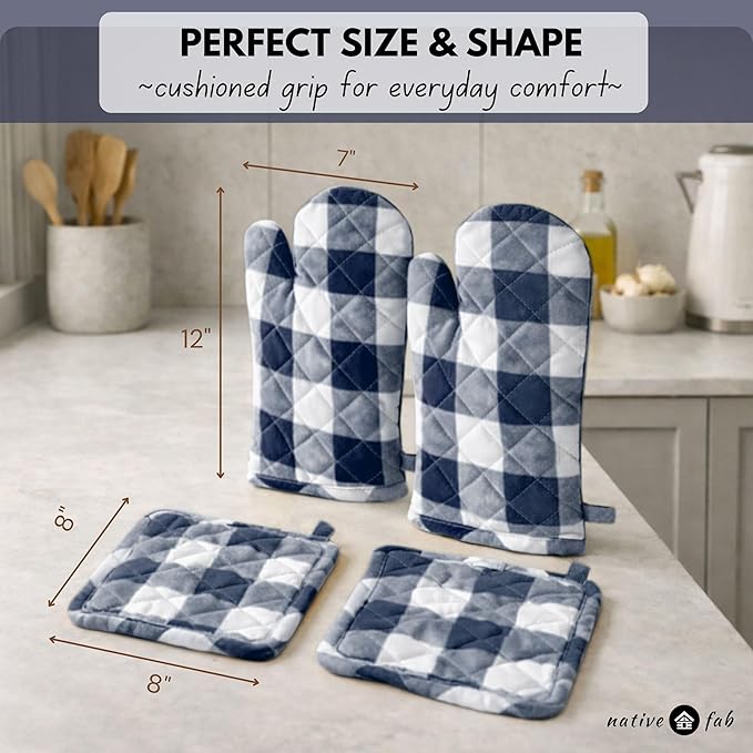 Native Fab Buffalo Plaid Check Oven Mitts and Pot Holders Set of 4, 100% Cotton Heat Resistant Kitchen Gloves, 2 Oven Mitts (7x13), 2 Pot Holders (8x8) for Cooking & Baking, Navy White - Image 7