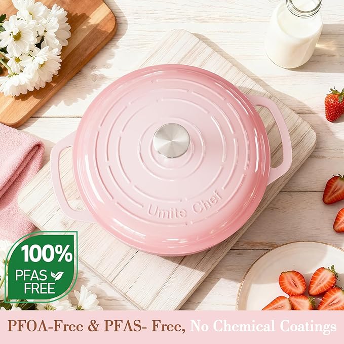 Umite Chef 6QT Enameled Cast Iron Dutch Oven with Lid, Versatile Heavy-Duty Cookware Pot for Baking Bread, Braising, Soups & Stews, Oven & Stovetop Safe with Heat Resistant Gloves(Pink) - Image 3