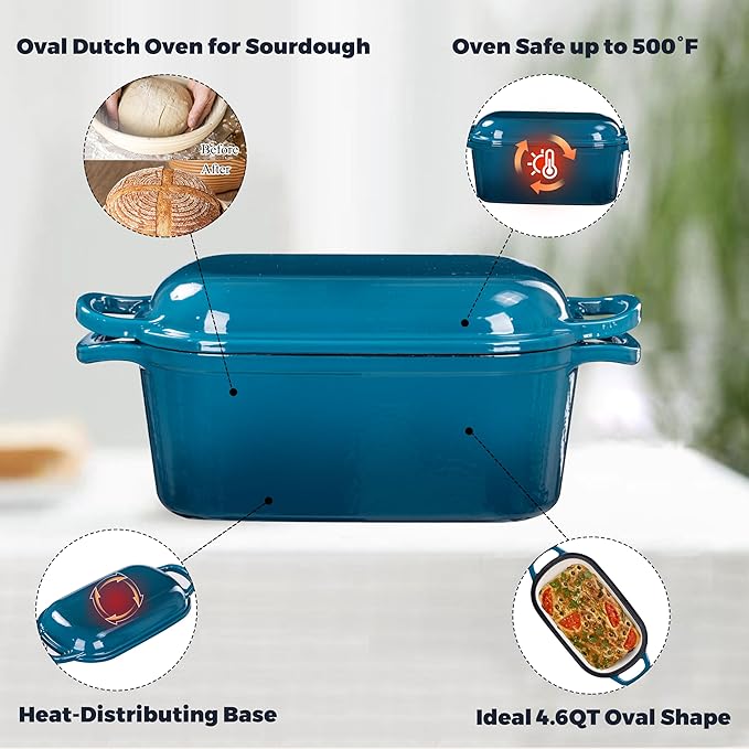 4.6 Quart Dutch Oven for Sourdough Bread Baking, Combo Oval Enameled Cast Iron Bread Pan with Lid, Bread Dutch Oven for a Crispy Crust, Teal - Image 5