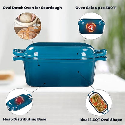 4.6 Quart Dutch Oven for Sourdough Bread Baking, Combo Oval Enameled Cast Iron Bread Pan with Lid, Bread Dutch Oven for a Crispy Crust, Teal - Image 5