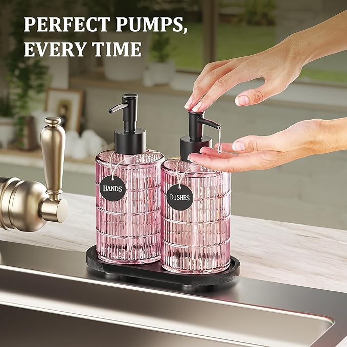MASADI Soap Dispenser Set with Bamboo Tray, Dish and Hand Soap Lotion Dispenser Set with Wooden Pump for Kitchen and Bathroom Decor for Counter, Modern Vintage Liquid Soap Dispensers (Pink&Black) - Image 4