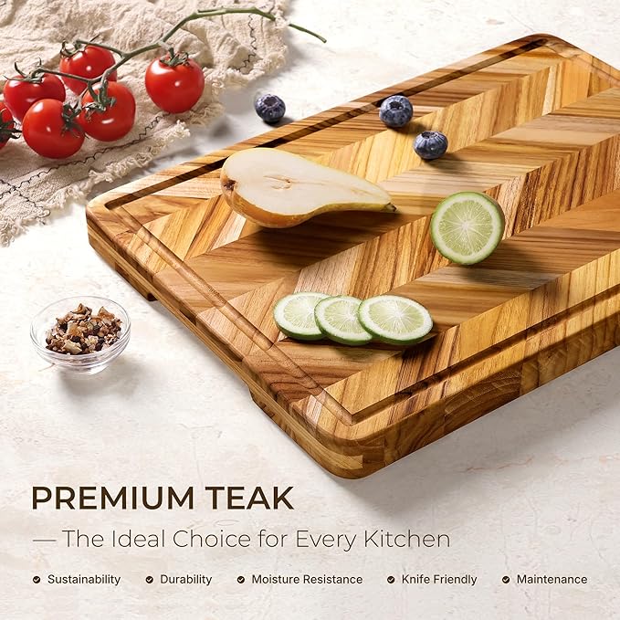 Teak Wood Cutting Board for Kitchen Large End Grain Heavy Duty Checkered Wooden Cutting Board Non Toxic Herringbone Charcuterie Butcher Block Non Slip Hardwood Chopping Board with Juice Groove Handle - Image 2