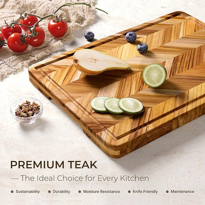 Teak Wood Cutting Board for Kitchen Large End Grain Heavy Duty Checkered Wooden Cutting Board Non Toxic Herringbone Charcuterie Butcher Block Non Slip Hardwood Chopping Board with Juice Groove Handle - Image 2