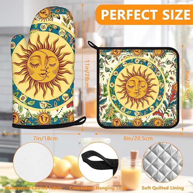 Sun and Moon Oven Mitts and Pot Holders Sets 4Pcs,Extra Long Oven Gloves Potholder for Kitchen Cooking Baking BBQ 100% Cotton Heat Resistant - Image 2