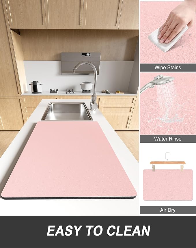 Rnivvi Dish Drying Mat for Kitchen Counter, XL 15 x 24" Super Absorbent Drainer Pad Easy Clean Dish Rack Pad, Non-Slip Heat Resistant Coffee Bar Mat for Coffee Machine Station Accessories Decor, Pink - Image 6