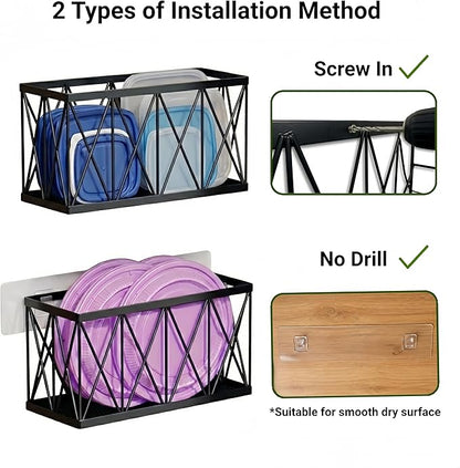 4 Pack Cabinet Door Organizer, Adhesive Inside Cabinet Door Storage for Kitchen Bathroom, Lid Organizer Compatible with Tupperware Pyrex, Wall Mounted Basket for Pantry Under Sink, Black