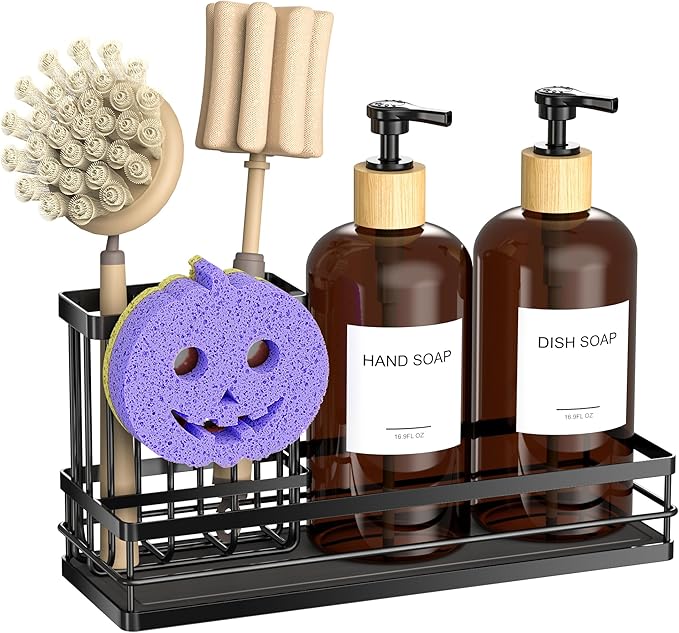 Moforoco Kitchen Dish Soap Dispenser Set, 16OZ Glass Bottle, Hand and Dish Soap Dispenser Set, Instant Dry Tray, Brush Holder with Smiley Face Sponge Holder (Black Tray+Amber Bottle+Labels) by MOFOROCO