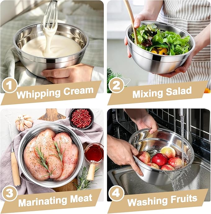 TeamFar Mixing Bowls, Stainless Steel Nesting Salad Bowls with Airtight Lids Set, For Serving/Mixing/Storing, Rust-proof & Heavy Duty, Dishwasher Safe, Set of 3-4.6/3 / 1.5 QT, Khaki - Image 6