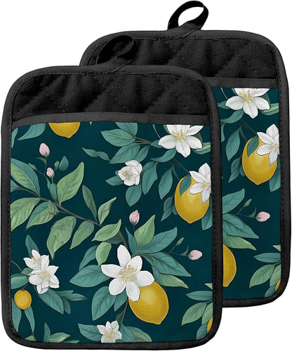 Dark Green Lemon Floral Pot Holders with Pockets, Rustic Botanical Lemon Fruit Oven Pot Holders Heat Resistant Oven Mitts Hot Pads for Kitchen Baking Cooking